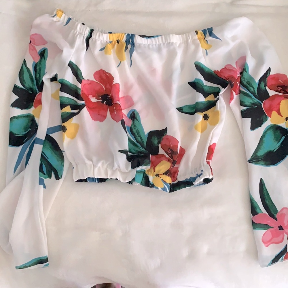 Flowery crop off shoulder top.